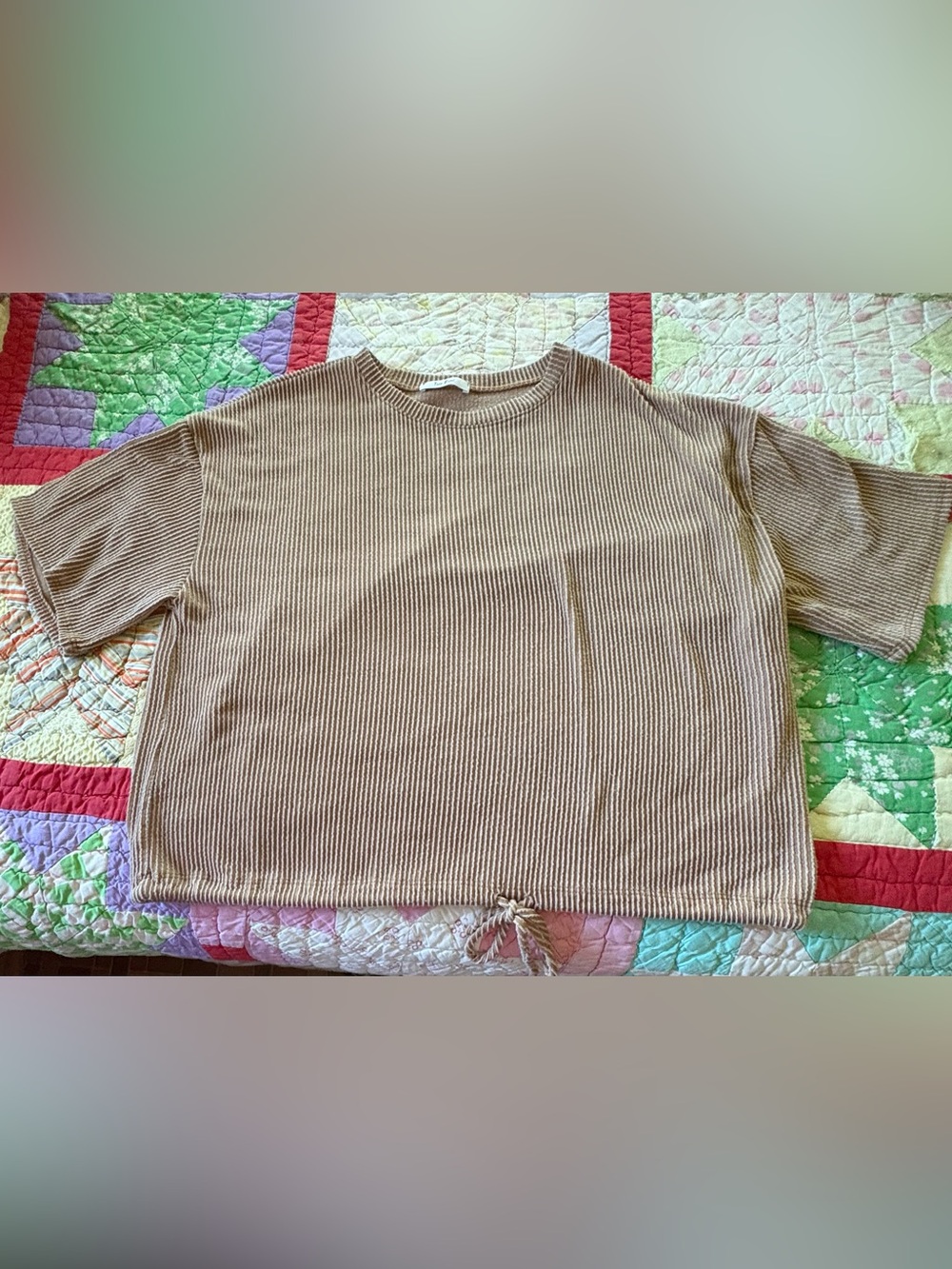 Tres Bien Ribbed Drawstring Short Sleeve Top in Taupe